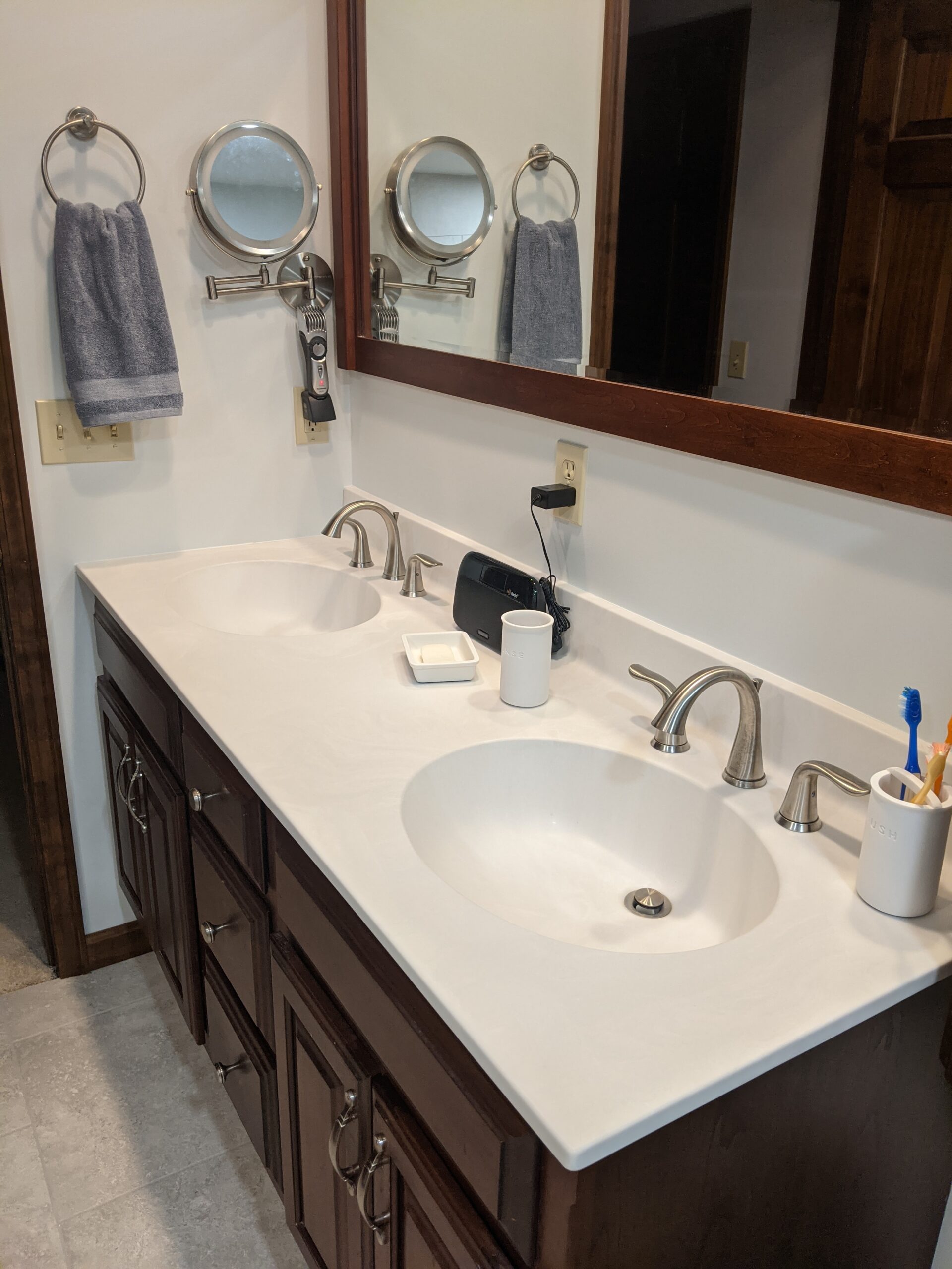 New updated cultured marble double bowl vanity top with 8" widespread faucets in stainless steel